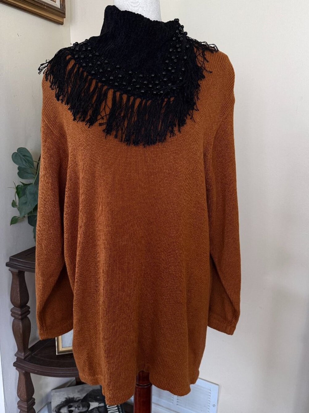 Vintage Peter Valentine Rust Brown Beaded Black Fringe High Neck Sweater sz 2X